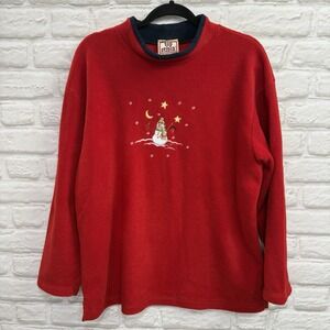Vtg 90's Christmas Embroidered  Red Fleece Large Mockneck Pullover Snowmen